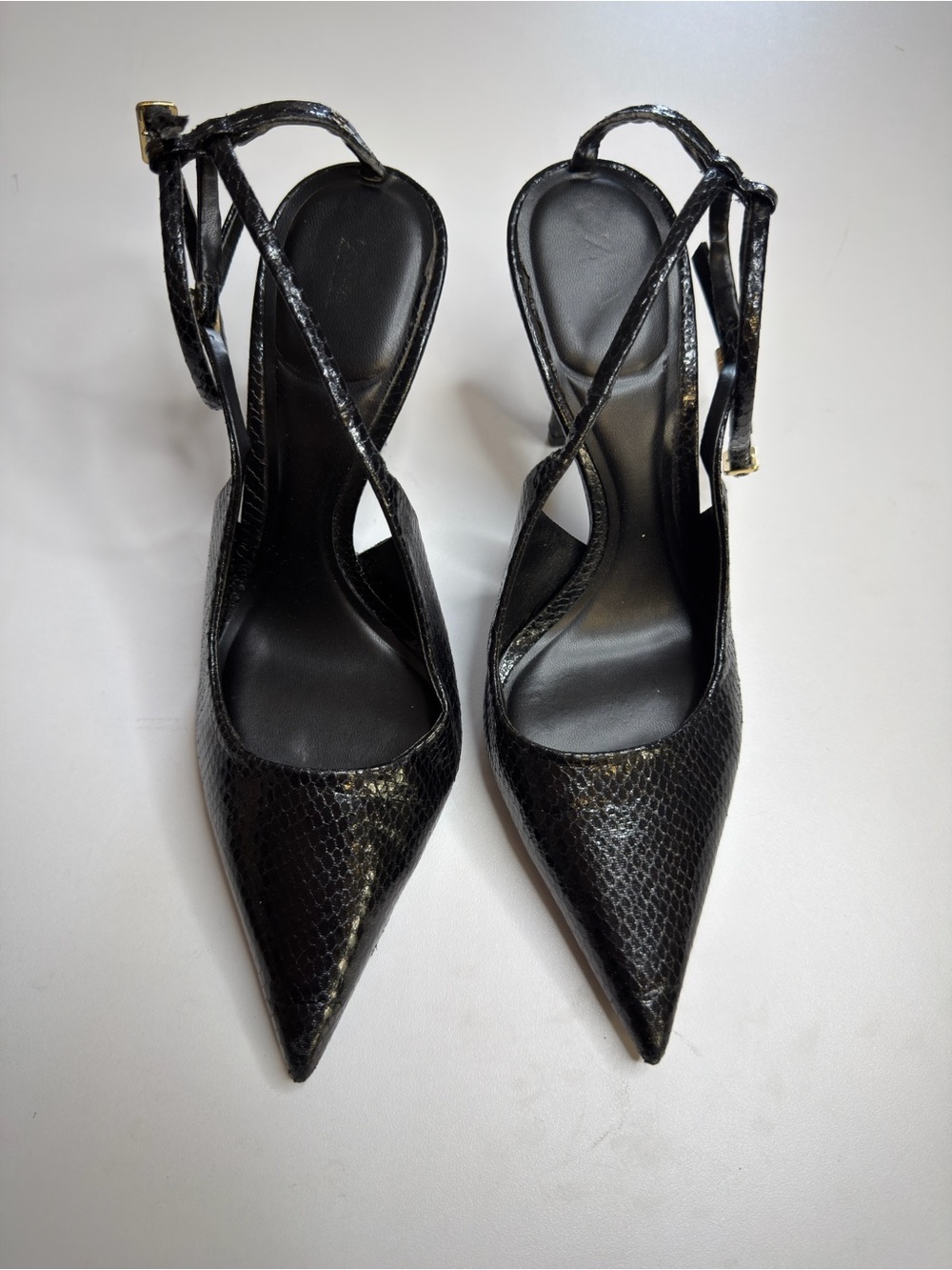 Zara Black Pointed Slingback Heels with Textured Finish